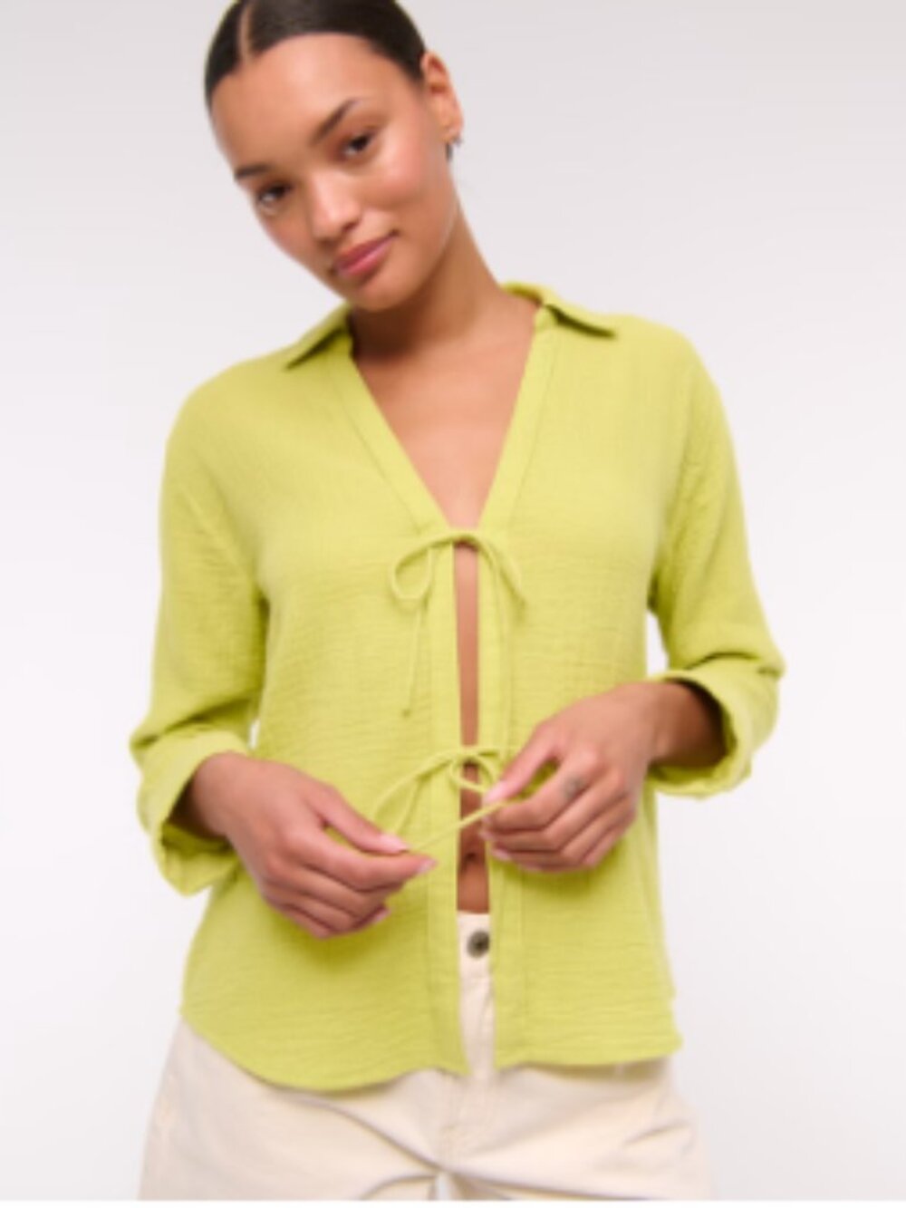 A&F Long-Sleeve Oversized Tie-Front Gauzy Shirt in Green Size Large